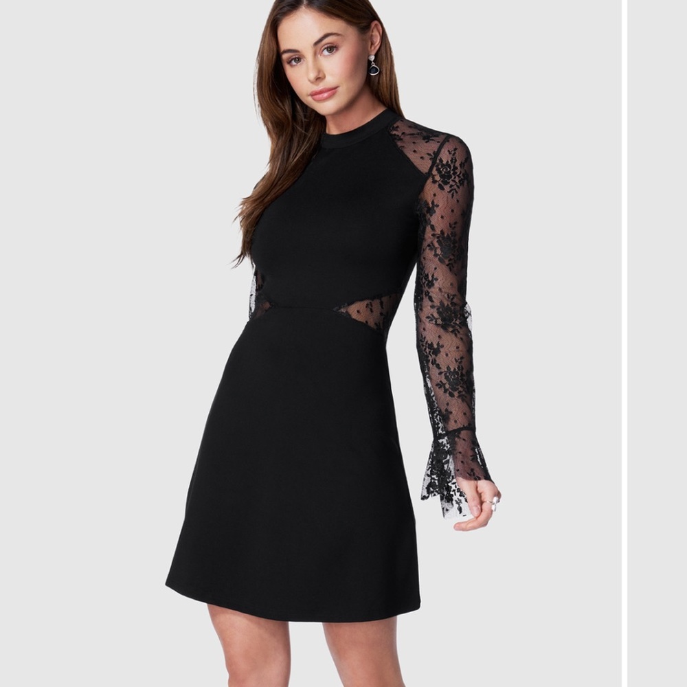 NWT Bebe Lace Bell Sleeve Cutout Panel Long Sleeve Mini Dress Medium